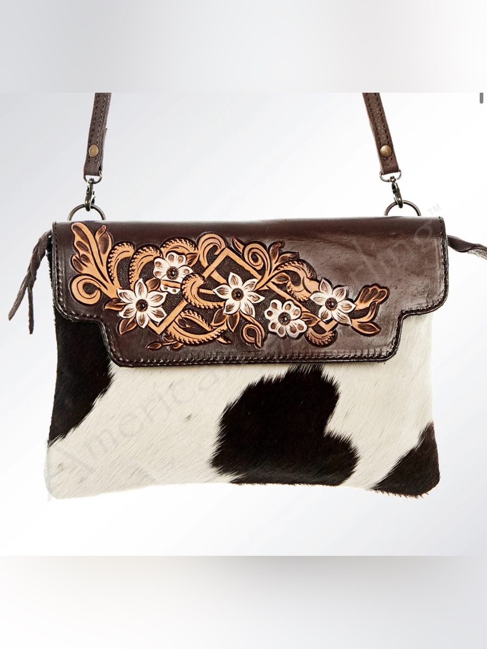 Handcrafted Floral Tooled Leather & Cowhide Crossbody Bag - Brown/Black/White